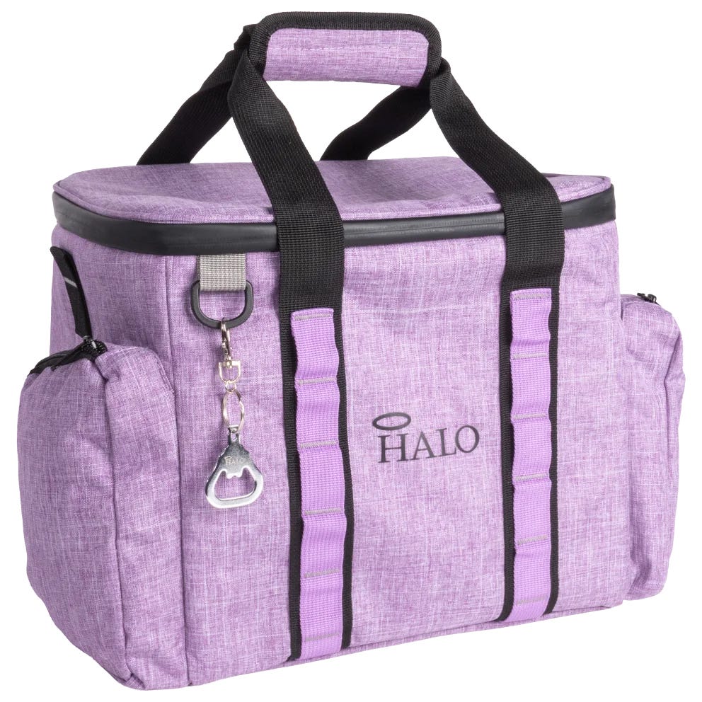 Purple insulated cooler bag with black handles and a side zipper pocket, featuring a metal bottle opener attached to the strap and \“HALO\“ branding on the front.