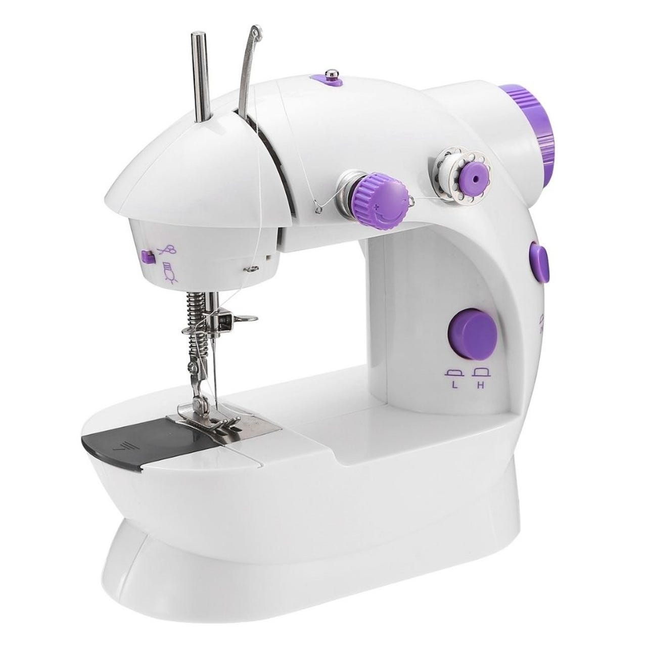 White and purple sewing machine with dials and a needle plate.