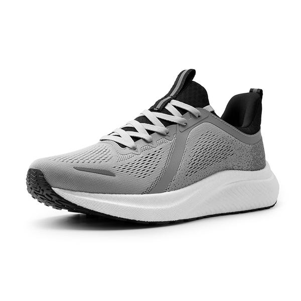 A single gray athletic sneaker with white sole and black accents.