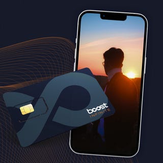 A smartphone screen displaying a silhouette of a person against a sunset, combined with a graphic of a SIM card and company logo.
