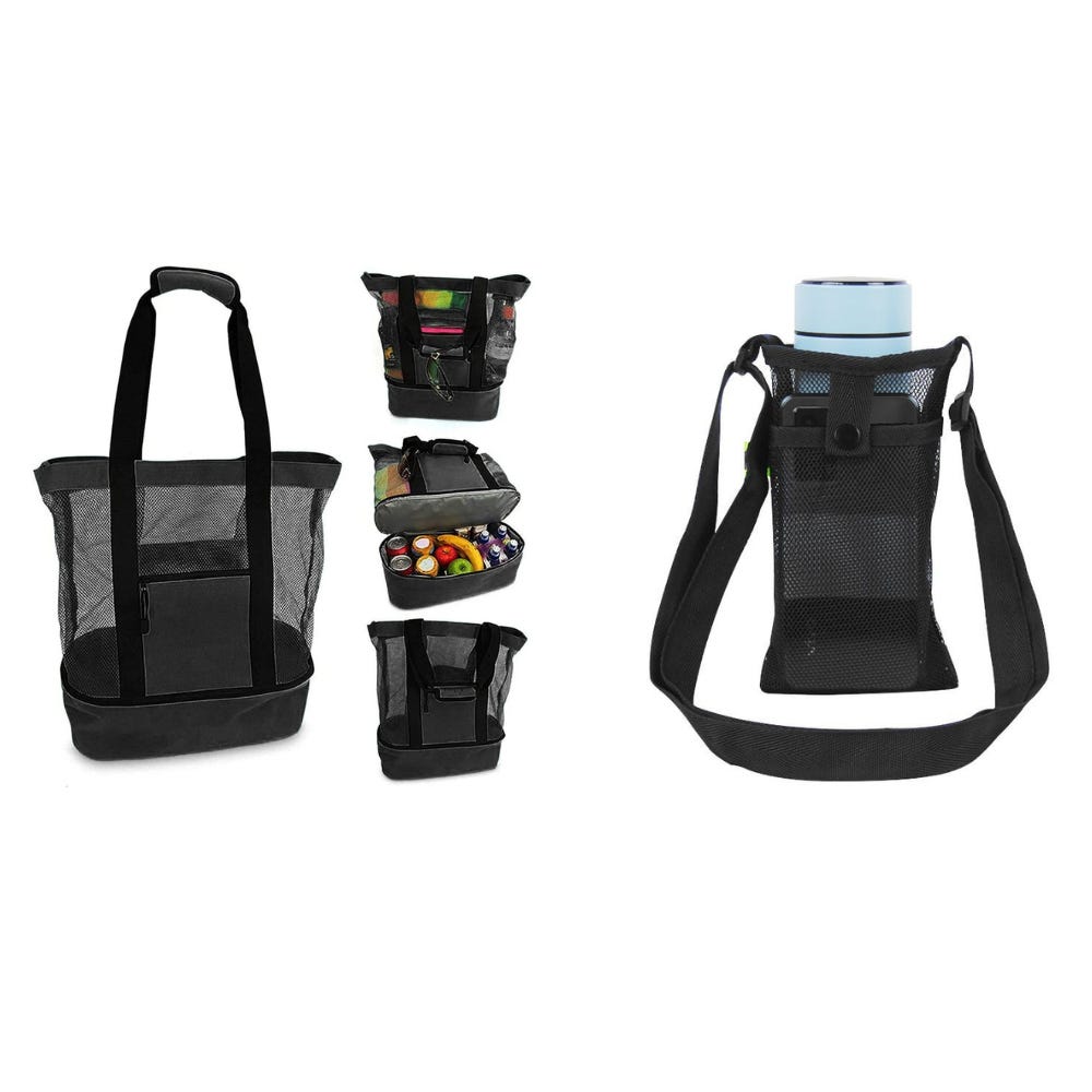 Two black tote organizers with mesh exteriors and various storage compartments, one displayed empty and the other filled with supplies, plus a mesh water bottle carrier with an adjustable strap, holding a blue bottle.