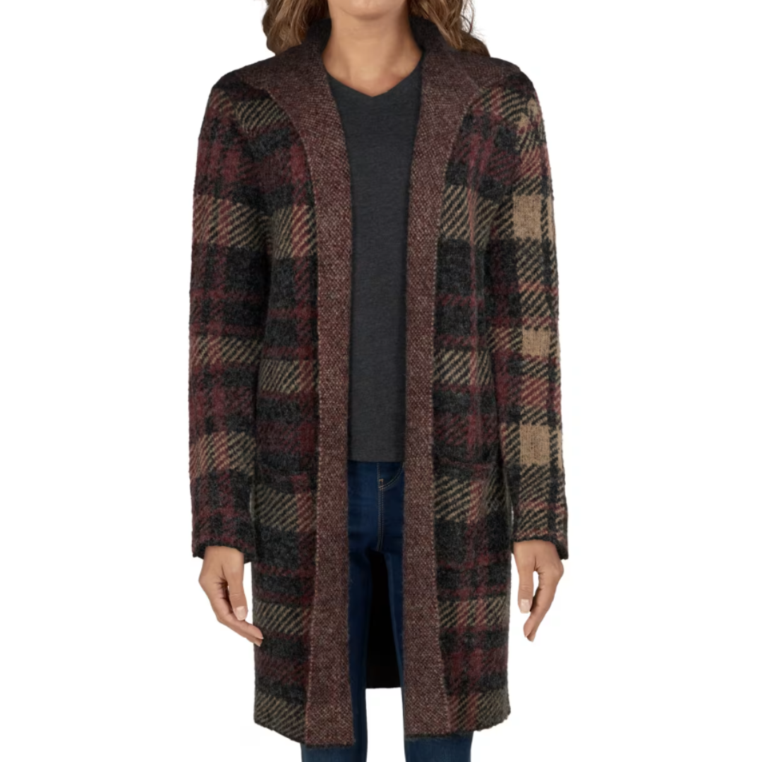 The Natural Reflections Brooklyn Coatigan is a long open-front sweater with a plaid pattern in earthy tones of brown, red, and tan, featuring a straight cut and long sleeves.
