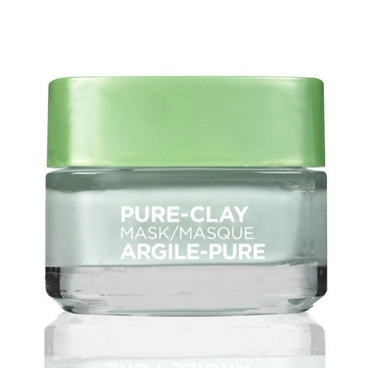 Clear glass jar with a green lid, labeled as a pure-clay facial mask.