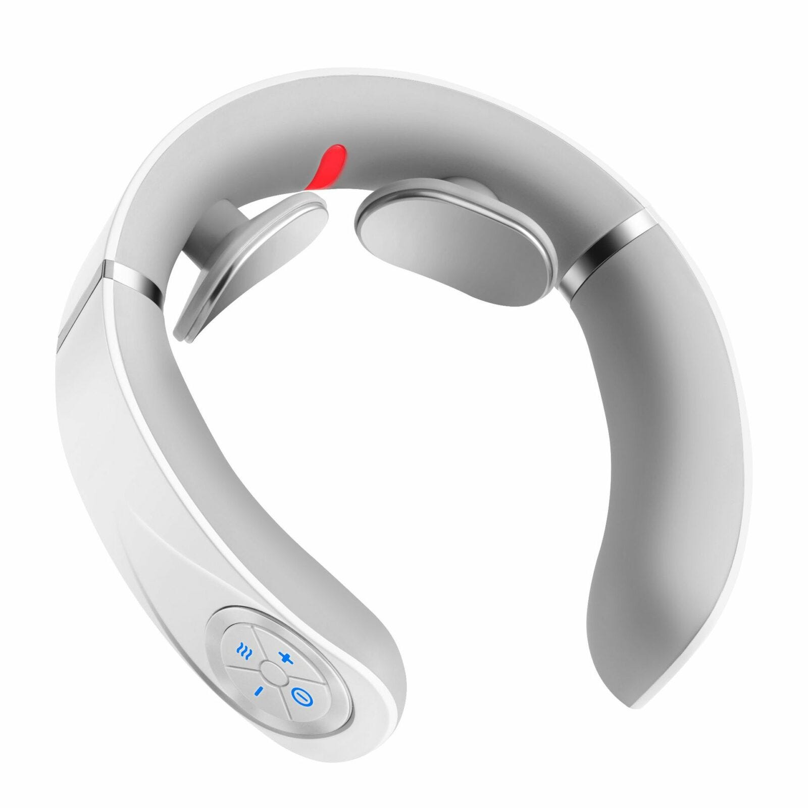 U-shaped neck massager with heating function, control buttons, and metal massage contacts.
