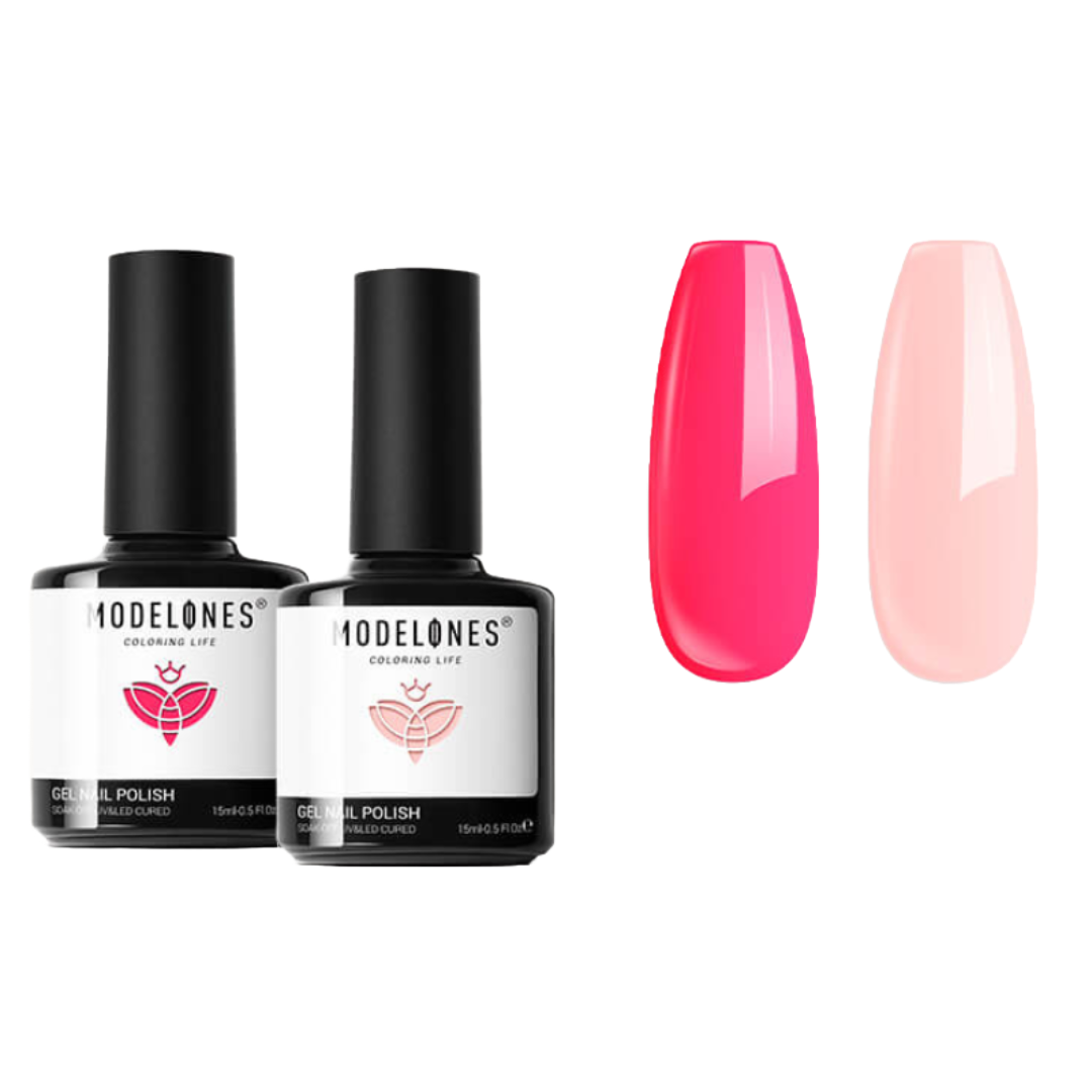 The 2pc Heartbeat Nail Polish Set includes two bottles of gel nail polish in pink and coral shades, labeled \“Modelones.\“