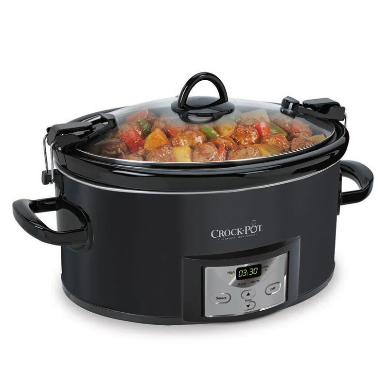 Crock-Pot slow cooker with a digital timer display, featuring a glass lid and handles, containing a stew with various vegetables and meats.