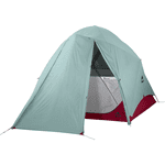 A light blue and burgundy MSR Habiscape 4-Person Tent with a flysheet attached, featuring the company logo on the lower side.
