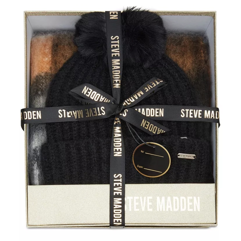 Steve Madden sale Scarf and pom pom beanie white includes gift box