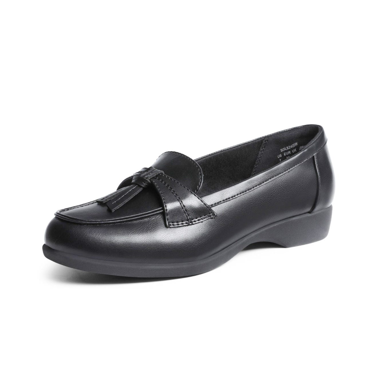 Black leather loafers with a tassel detail, low heel, and designed for arch support.