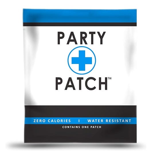 The photo is of a 'Party Patch' package, which states it is zero calories and water-resistant, containing one patch.