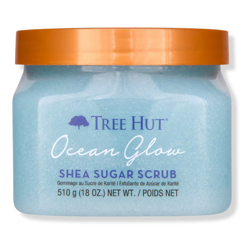Tree Hut Ocean Glow Shea Sugar Scrub with an orange lid, 510g (18 oz).