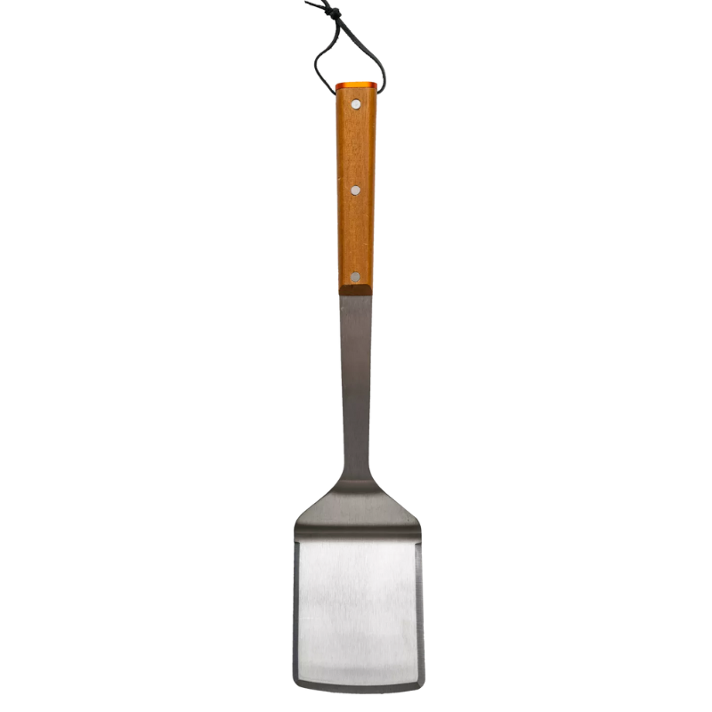 A BBQ spatula with a wide, flat stainless steel blade and a wooden handle featuring three rivets. It includes a looped string at the end of the handle for hanging.
