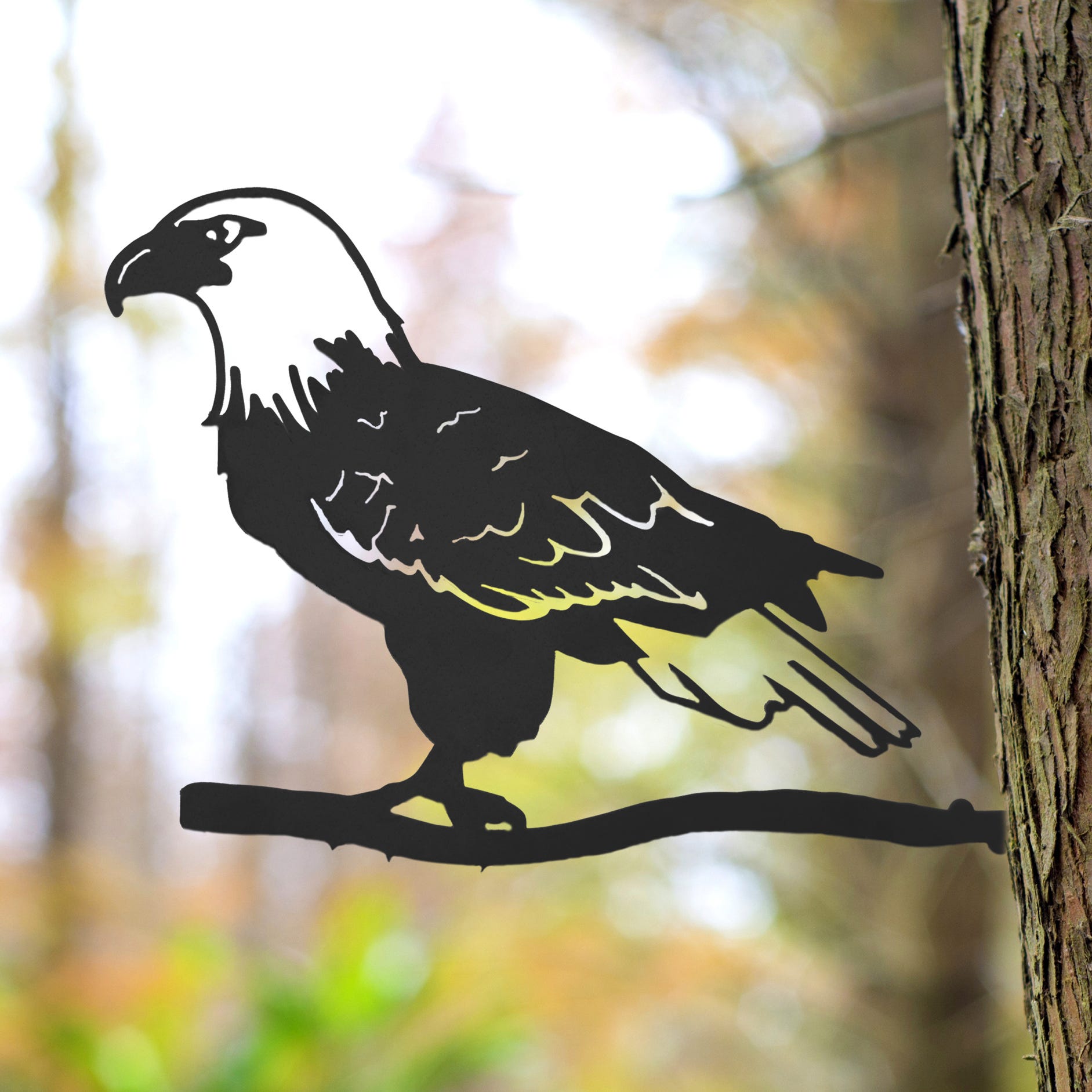 A silhouette of an eagle perched on a branch with a blurred foliage background.