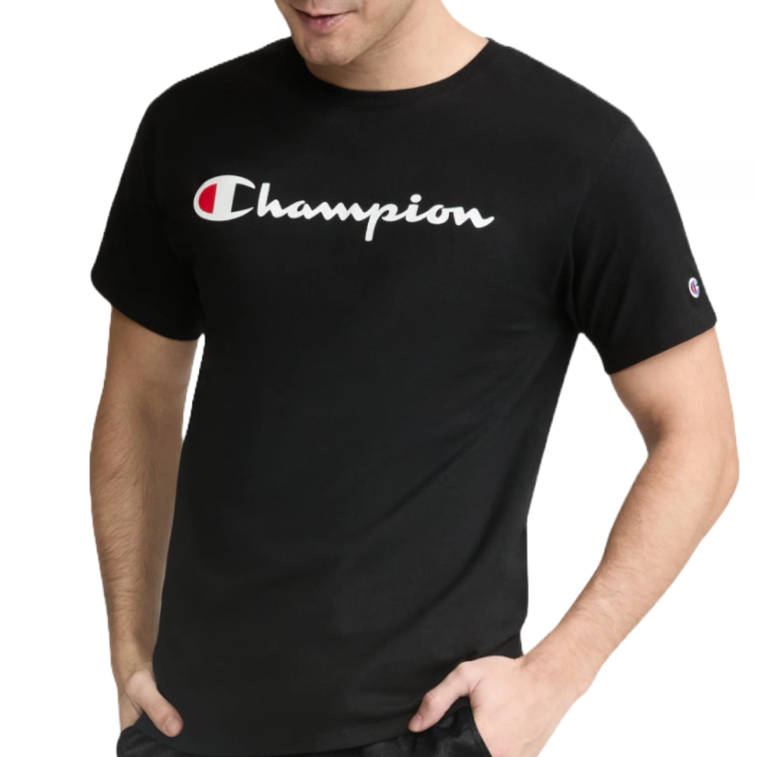 A black T-shirt featuring the Champion logo in white script across the chest, with the brand's signature \“C\“ emblem in red and white. There's a smaller \“C\“ logo on the sleeve.