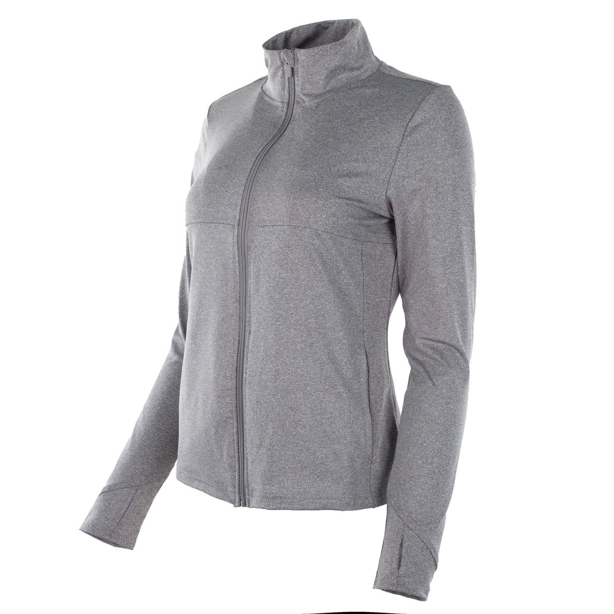 A heather gray full-zip jacket featuring a raised collar, zippered front, and contoured seams on the torso and sleeves.