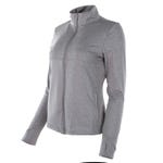 A heather gray full-zip jacket featuring a raised collar, zippered front, and contoured seams on the torso and sleeves.