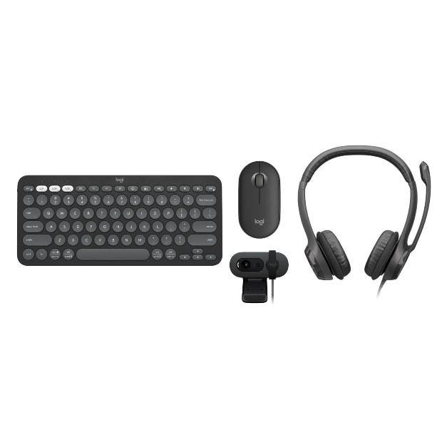 A wireless keyboard, mouse, headset, and webcam.