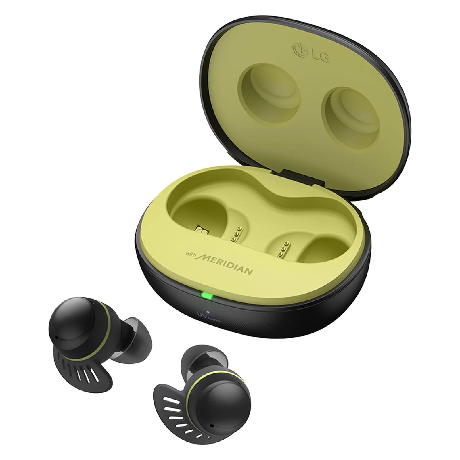 A pair of wireless earbuds with winged tips and their charging case, featuring a lime green interior and black exterior with a brand logo.