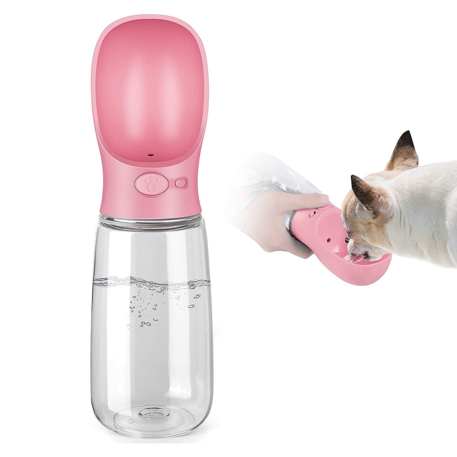 A pink portable pet water bottle with a built-in drinking bowl being used by a small dog.