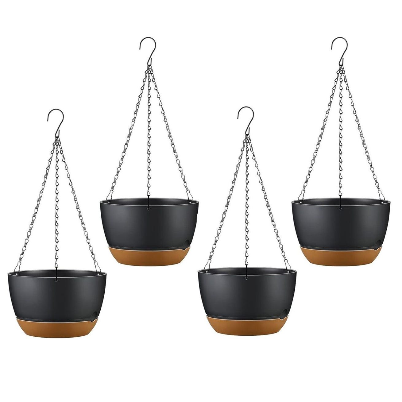 Four black and tan hanging planters with chains.