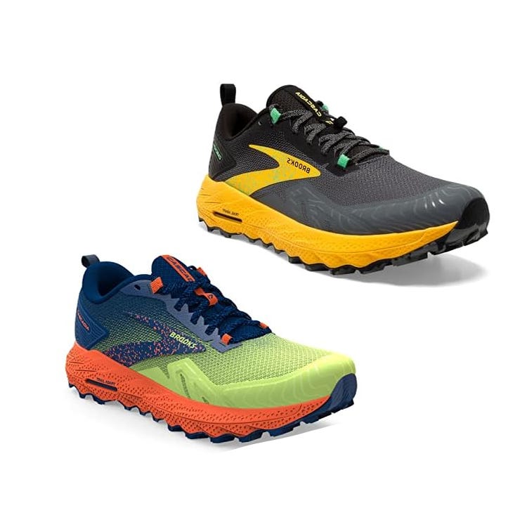 Two pairs of colorful trail running shoes with chunky soles, one in a blue-green-orange combination, the other in grey-yellow.