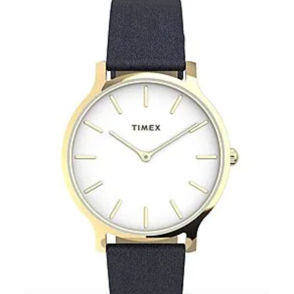 A Timex wristwatch with a gold-tone case, white dial, and black leather strap.
