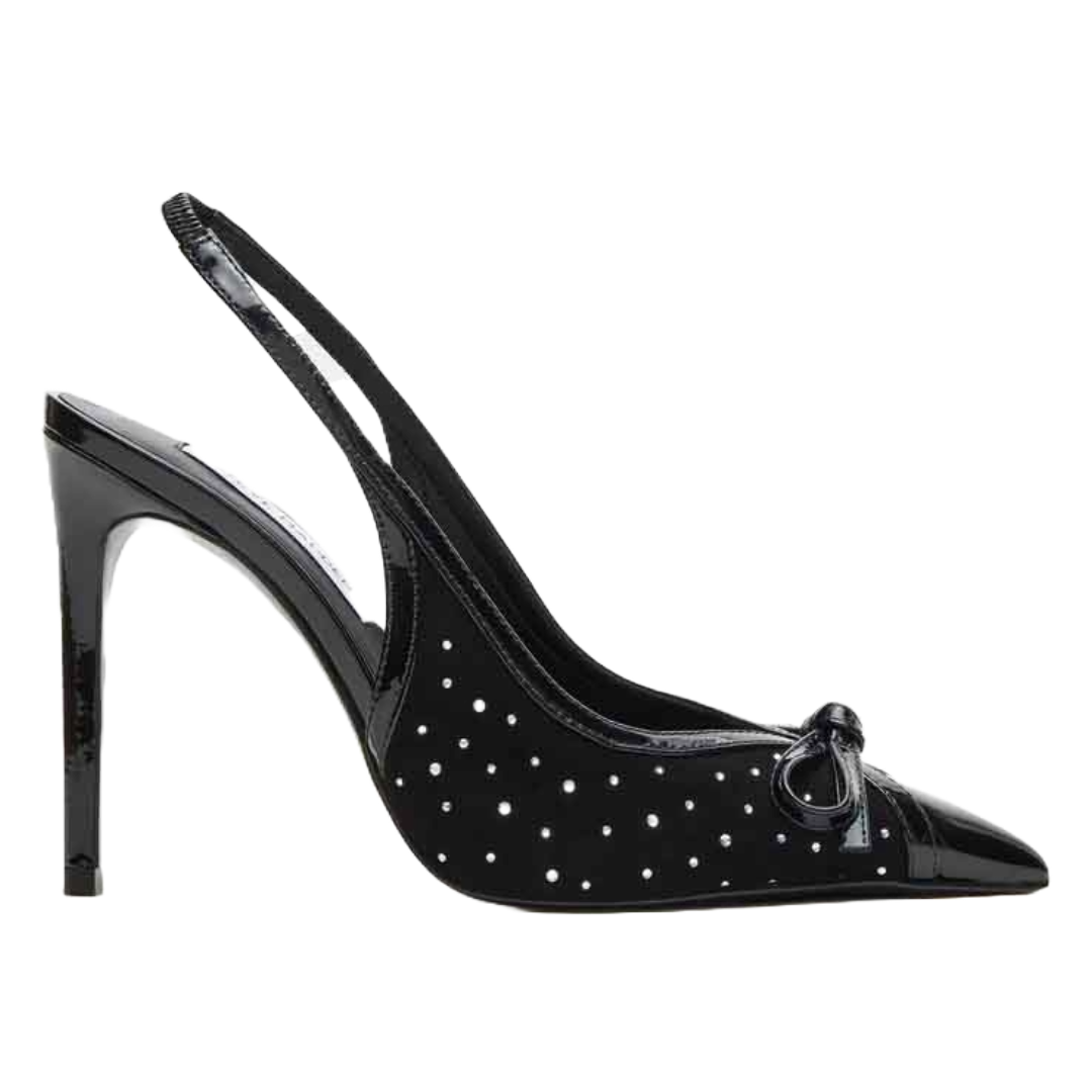 Steve Madden Sleek Black Multi Pumps feature a high stiletto heel and a pointed toe design with a decorative knot. The shoe has a slingback strap and a translucent material with small dot patterns for added style.