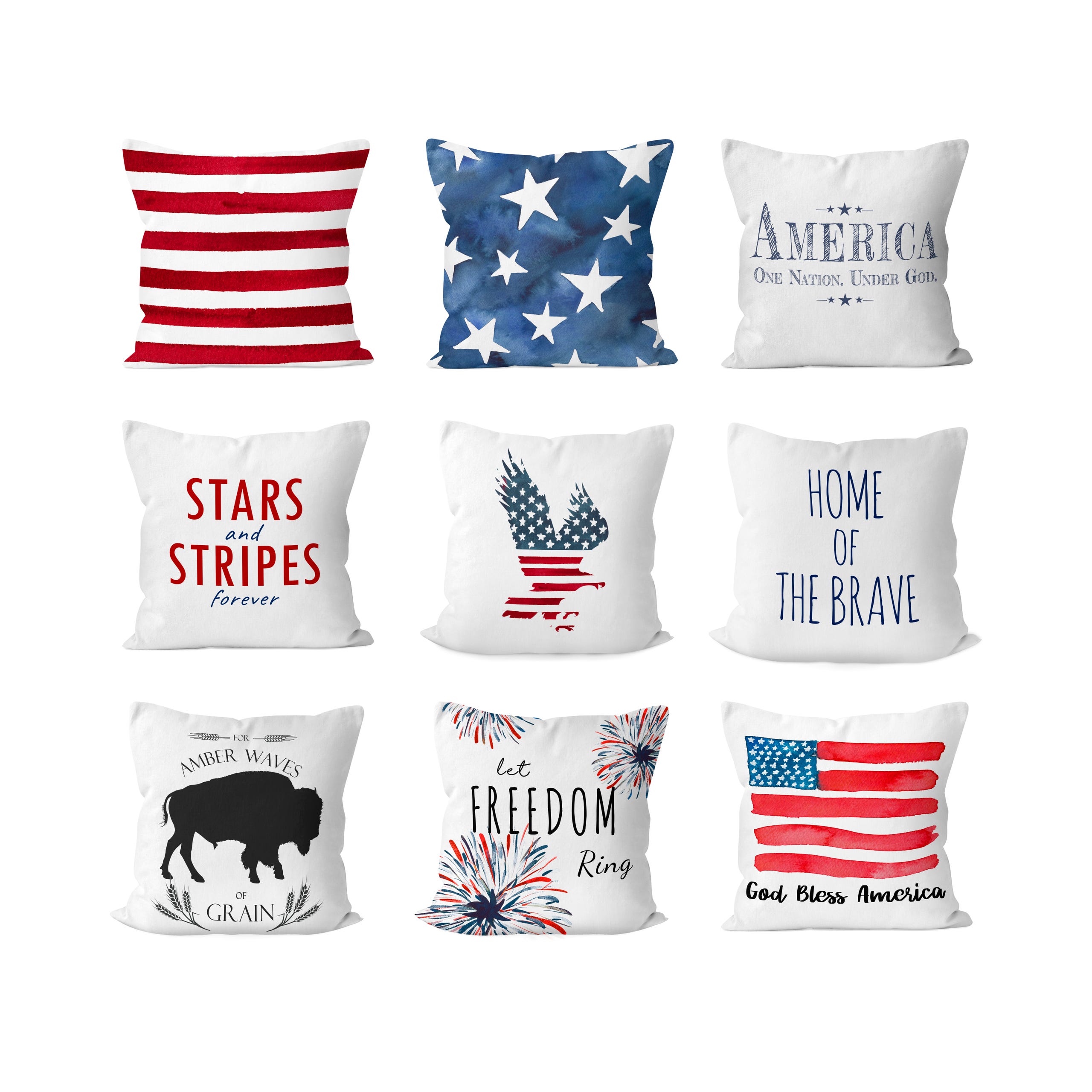 Nine decorative pillows with patriotic American themes, including stripes, stars, and phrases related to America.