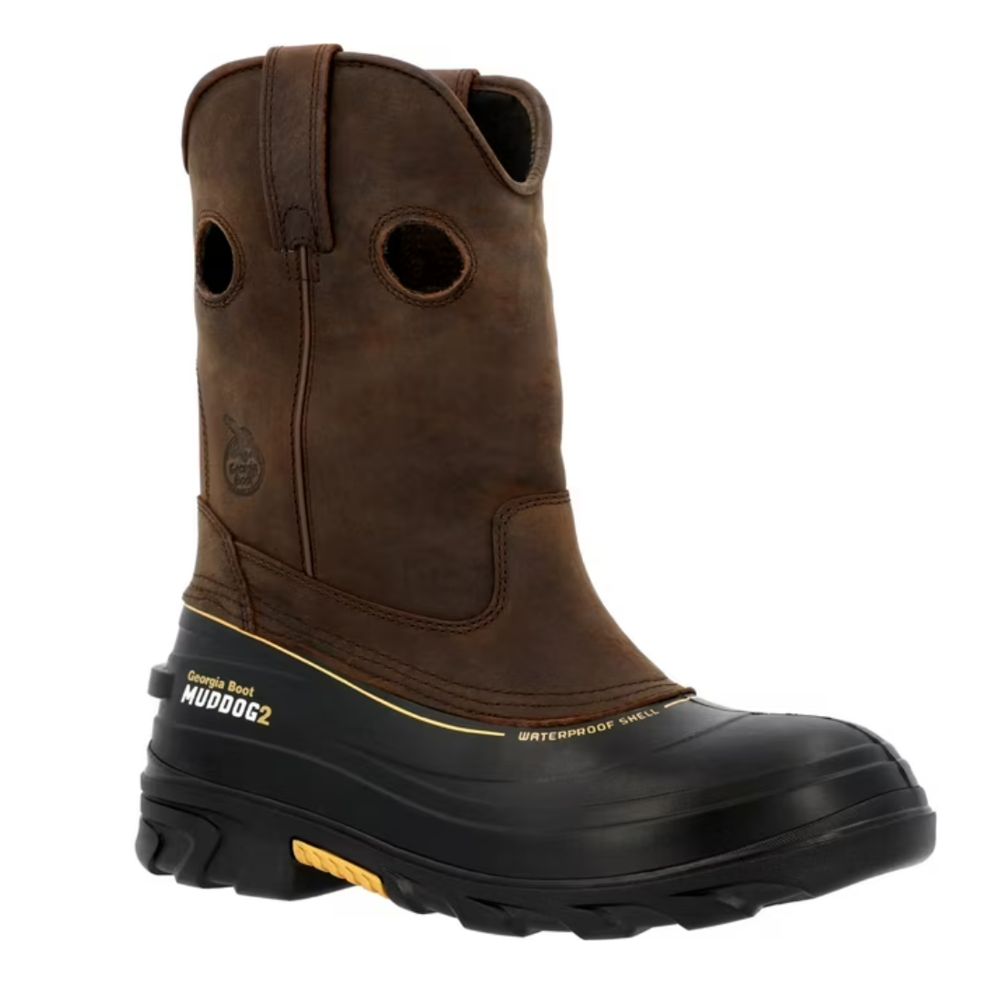 Georgia Muddog Work Boots are brown and black with a rubber outsole and waterproof shell, featuring pull handles for easy wear.