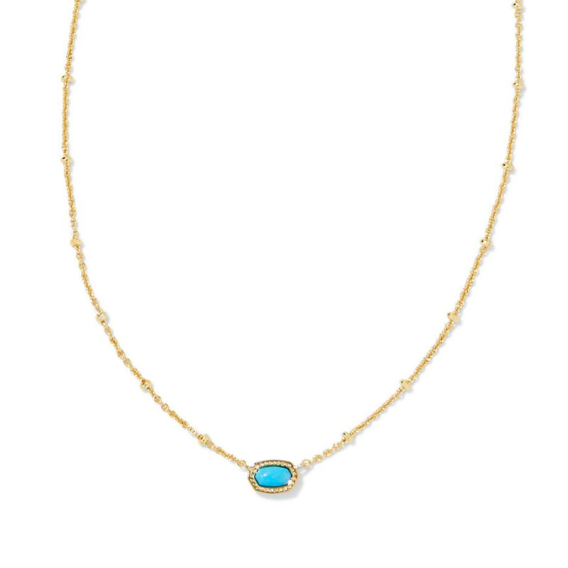 Gold chain necklace with a small turquoise pendant surrounded by tiny crystals, featuring small gold bead accents along the chain for an elegant touch.