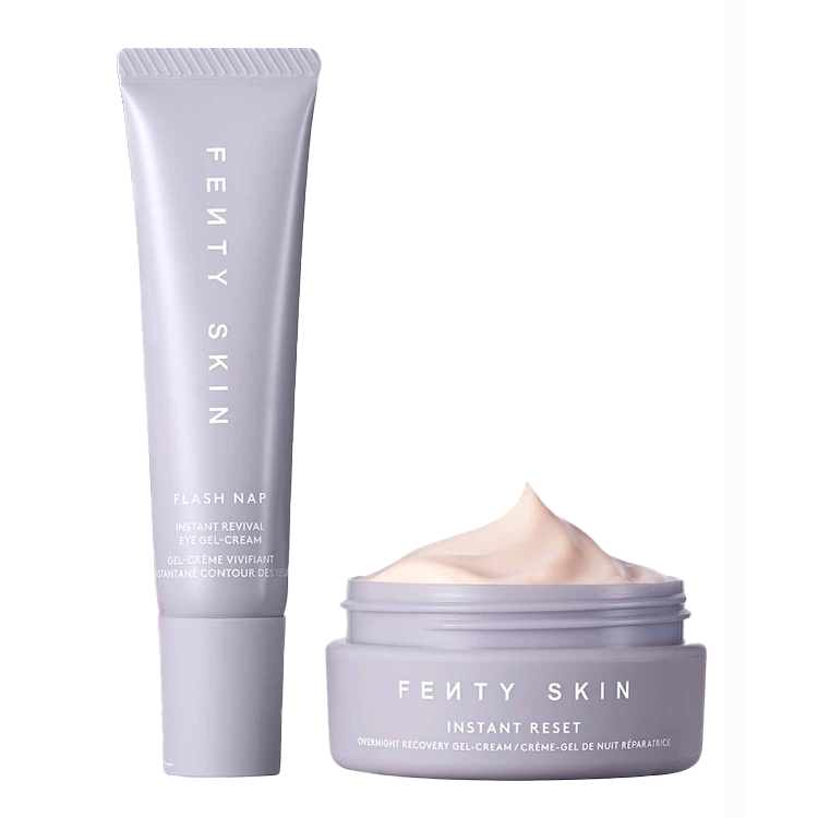 Two Fenty Skin skincare items, one is Flash Nap eye cream in a tube and the other is Instant Reset overnight gel-cream in a jar.