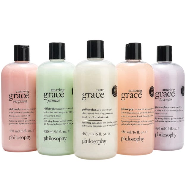Five bottles of Philosophy shower gel in various scents: Amazing Grace Bergamot, Jasmine, Pure Grace, Grapefruit, and Lavender, each containing 480 ml/16 fl. oz.