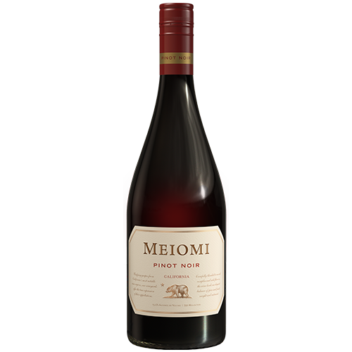 A bottle of Meiomi Pinot Noir wine from California with a cream-colored label featuring a bear illustration.