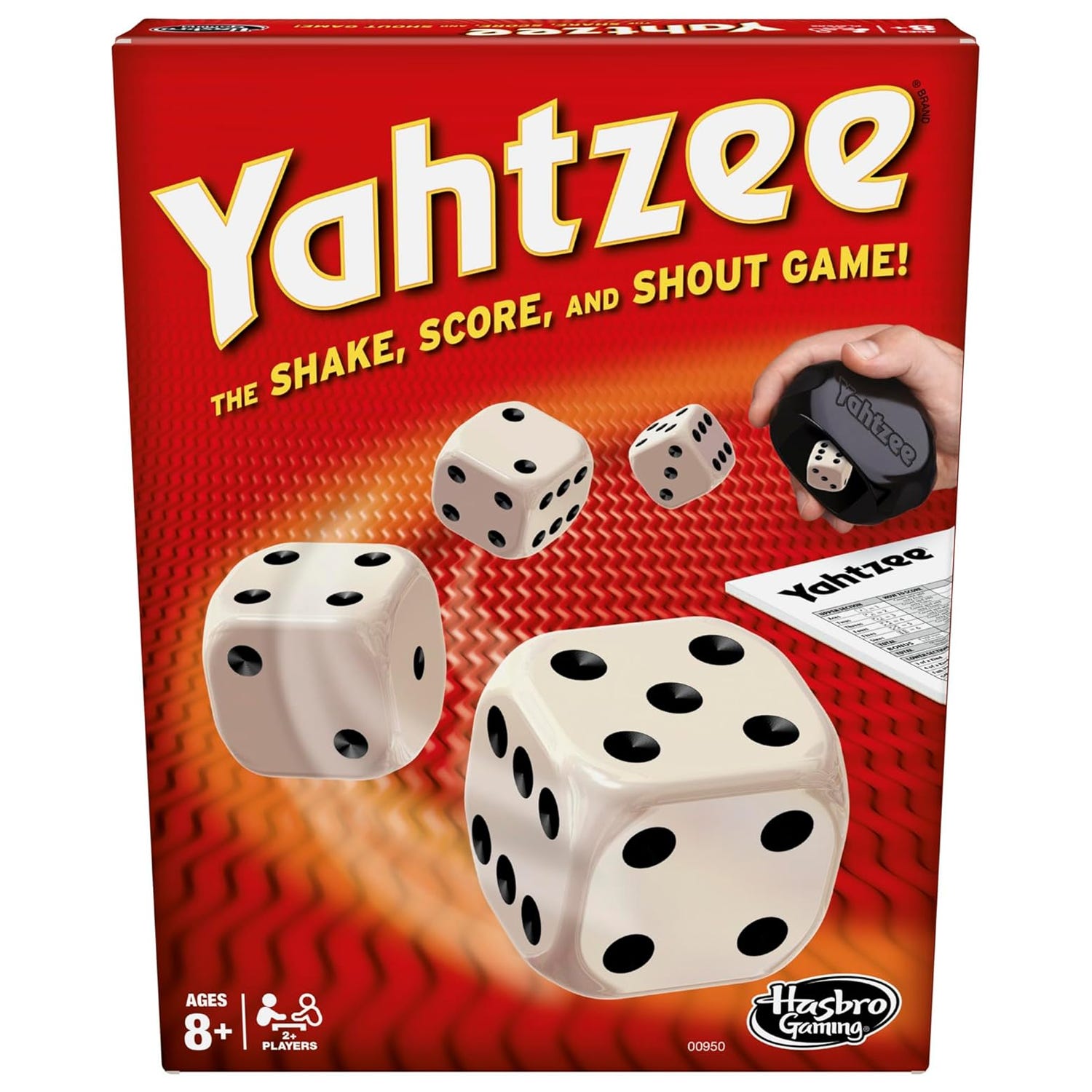 Yahtzee game box featuring dice and a scorecard; suitable for ages 8 and up, for 2 or more players.