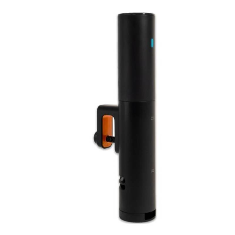 A sleek, black sous vide immersion circulator with an adjustable clamp for attaching to pots, featuring a simple control interface for precise temperature management.