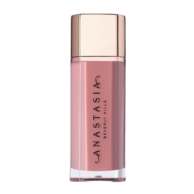 Anastasia Beverly Hills Lip Velvet in \“Soft Rose\“ is a luxury lipstick, featuring a rose gold cap and a sleek rectangular design with the brand's logo on the front.