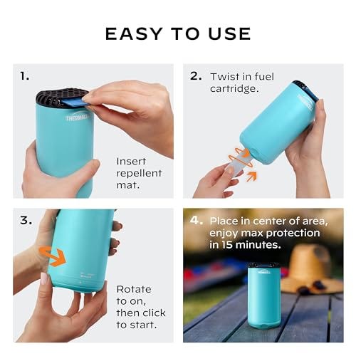 The image depicts a four-step visual guide on how to use a Thermacell mosquito repellent device: inserting a repellent mat, twisting in a fuel cartridge, turning on the device, and placing it in the center of the area for protection.