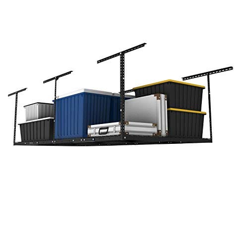 Overhead garage rack with multiple storage bins and items, mounted on a wall, optimizing space for organization.