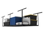 Overhead garage rack with multiple storage bins and items, mounted on a wall, optimizing space for organization.