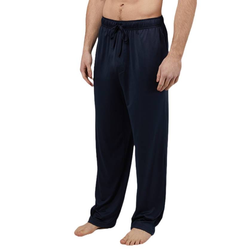 Navy blue sleep pants with an elastic waistband and drawstring, featuring a loose fit and made from a soft, breathable fabric.