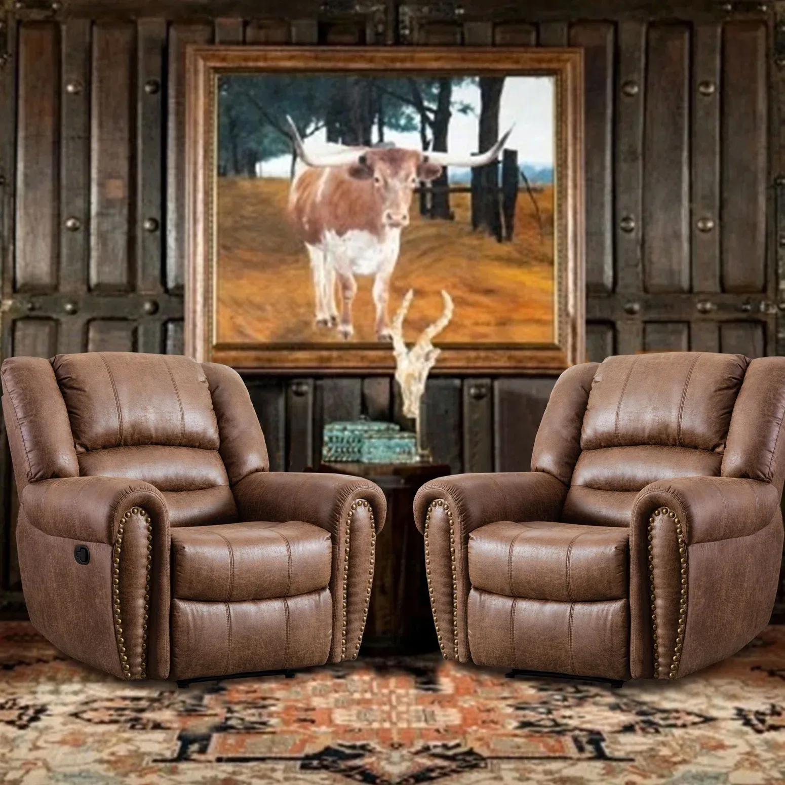 Two brown reclining chairs with studded detailing in a rustic room with a cow-themed painting on the wall.