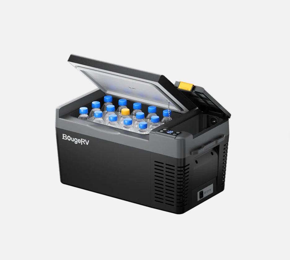 A portable electric cooler filled with bottled beverages.