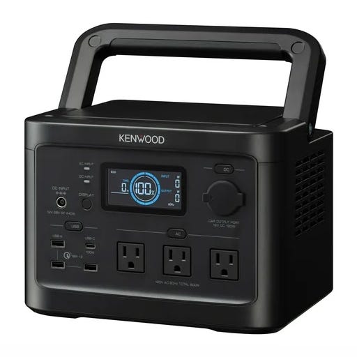 Portable power station with handle, featuring an LCD display, multiple outlets including three AC sockets, USB ports, and a car output.