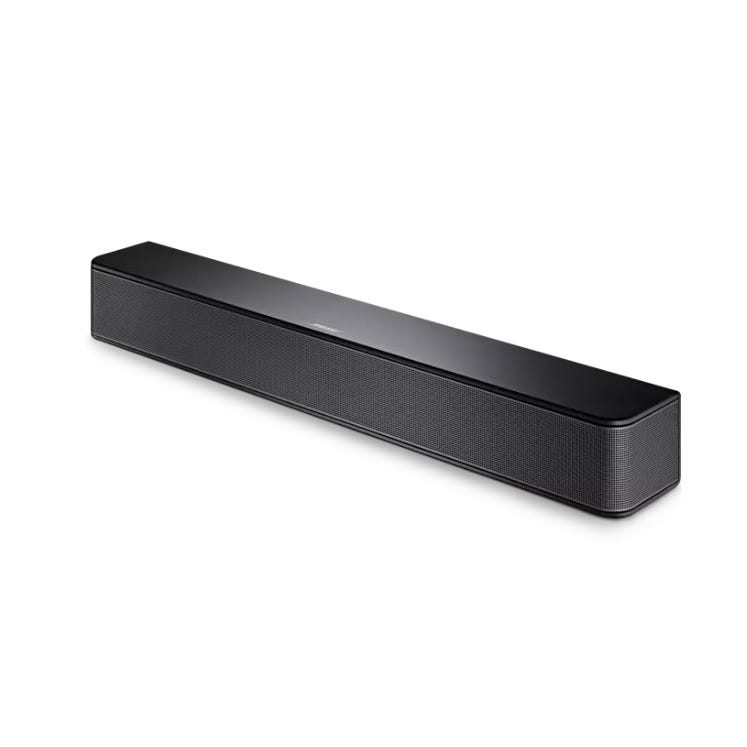 A black soundbar with a textured surface.