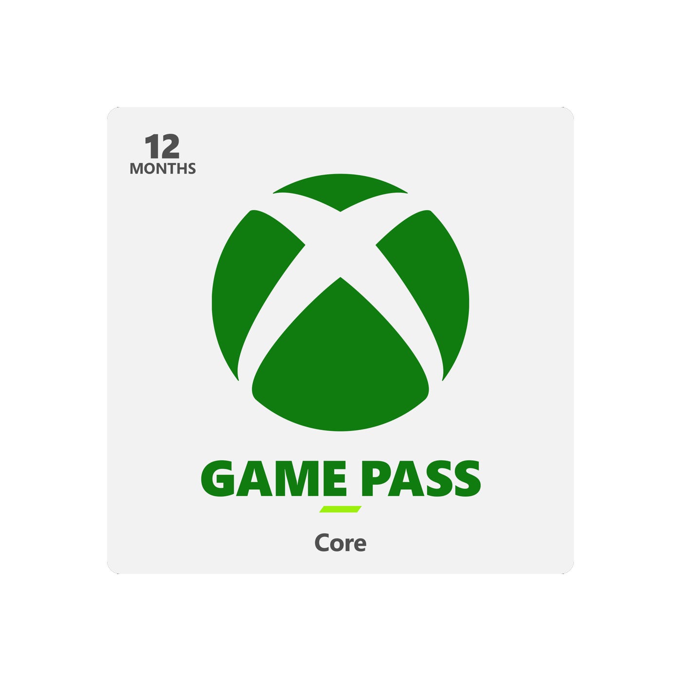 A 12-month gaming subscription card featuring a green and white logo.