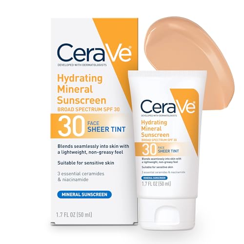 CeraVe Hydrating Mineral Sunscreen SPF 30, sheer tint, comes in a white tube with orange and blue accents, and a sample color swatch is shown on the package.