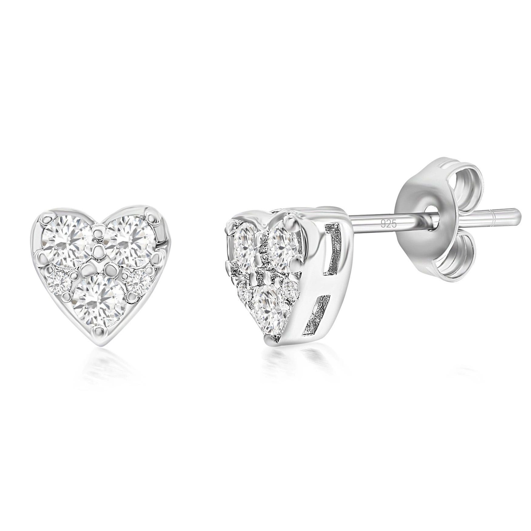 Heart-shaped stud earrings with clustered round diamonds in a white metal setting, featuring a post and butterfly back.