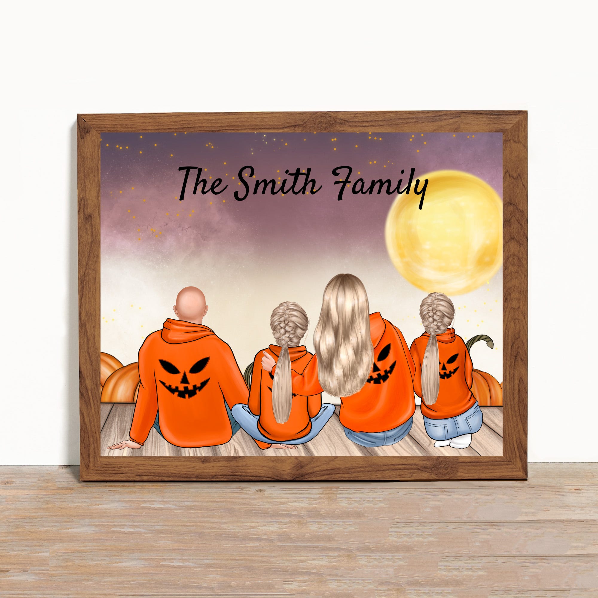 Customizable family illustration with pumpkin heads, displayed in a wooden frame on a wall.