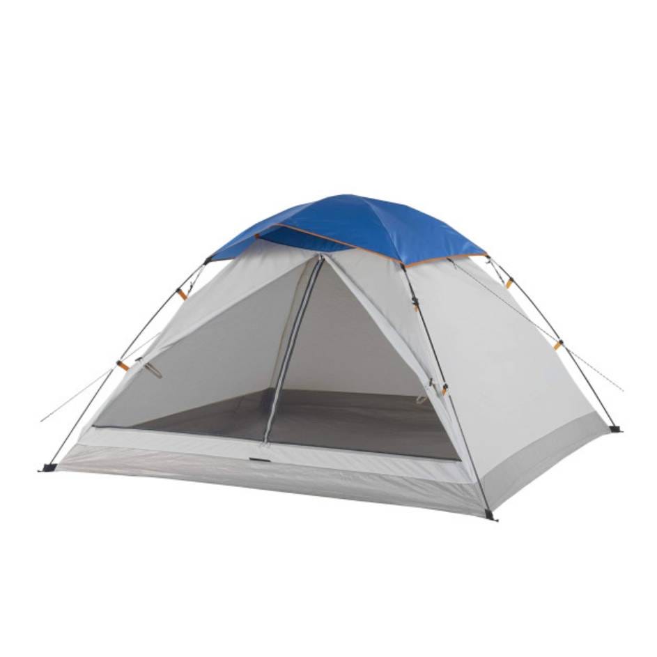 Suisse 3-Person Tent features a dome shape with a blue and gray color scheme. It has a mesh front entry and uses four poles for support.