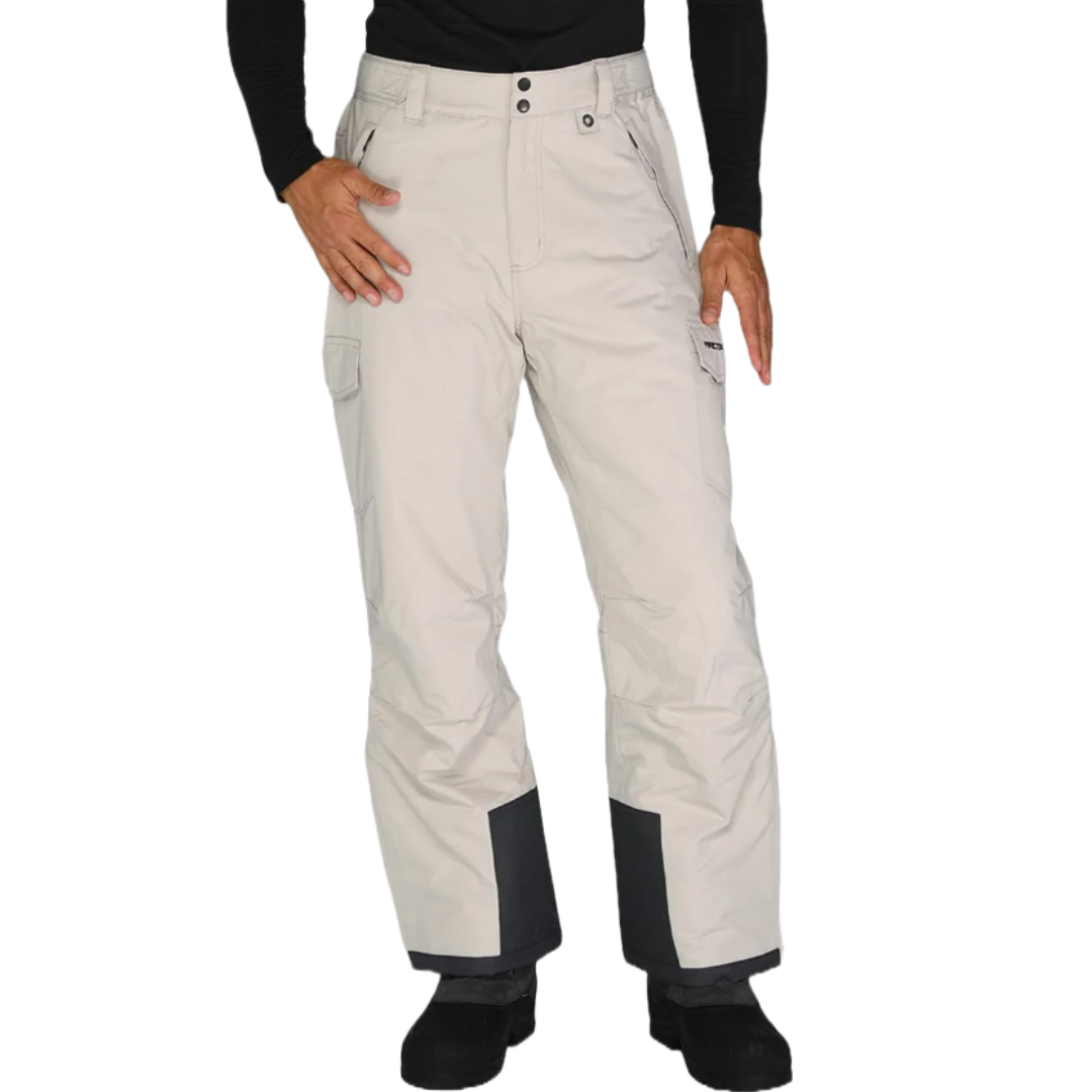 Arctix Men's Snowsports Cargo Pants are beige, feature multiple cargo pockets, and have black reinforced patches at the ankles for durability. They are designed for cold weather and active use.